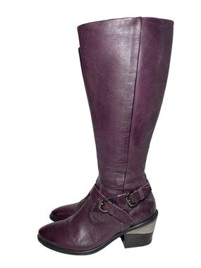 MJUS | Tall Dark Purple Leather Heeled Boots Zip-Up with Buckles EU 38 /US 8